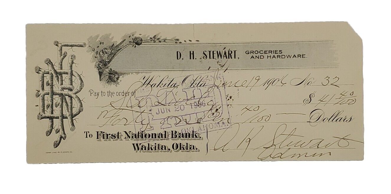 1906 Bank Check: First National Bank, Wakita,OK D.H Stewart Groceries & Hardware