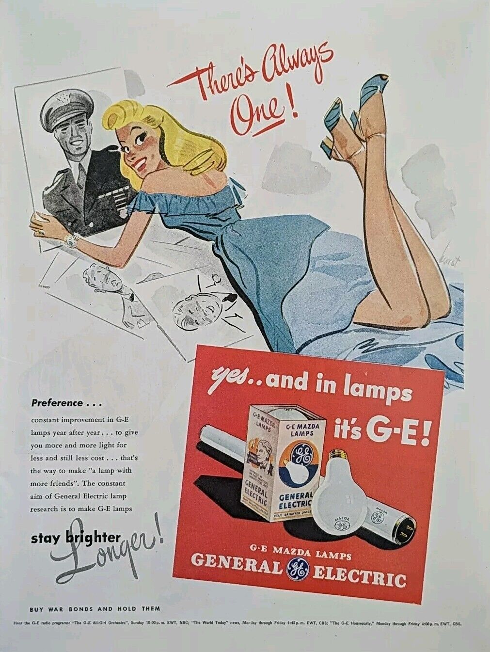 1945 Vintage WW2 Era Ge Light Bulb Print Ad.