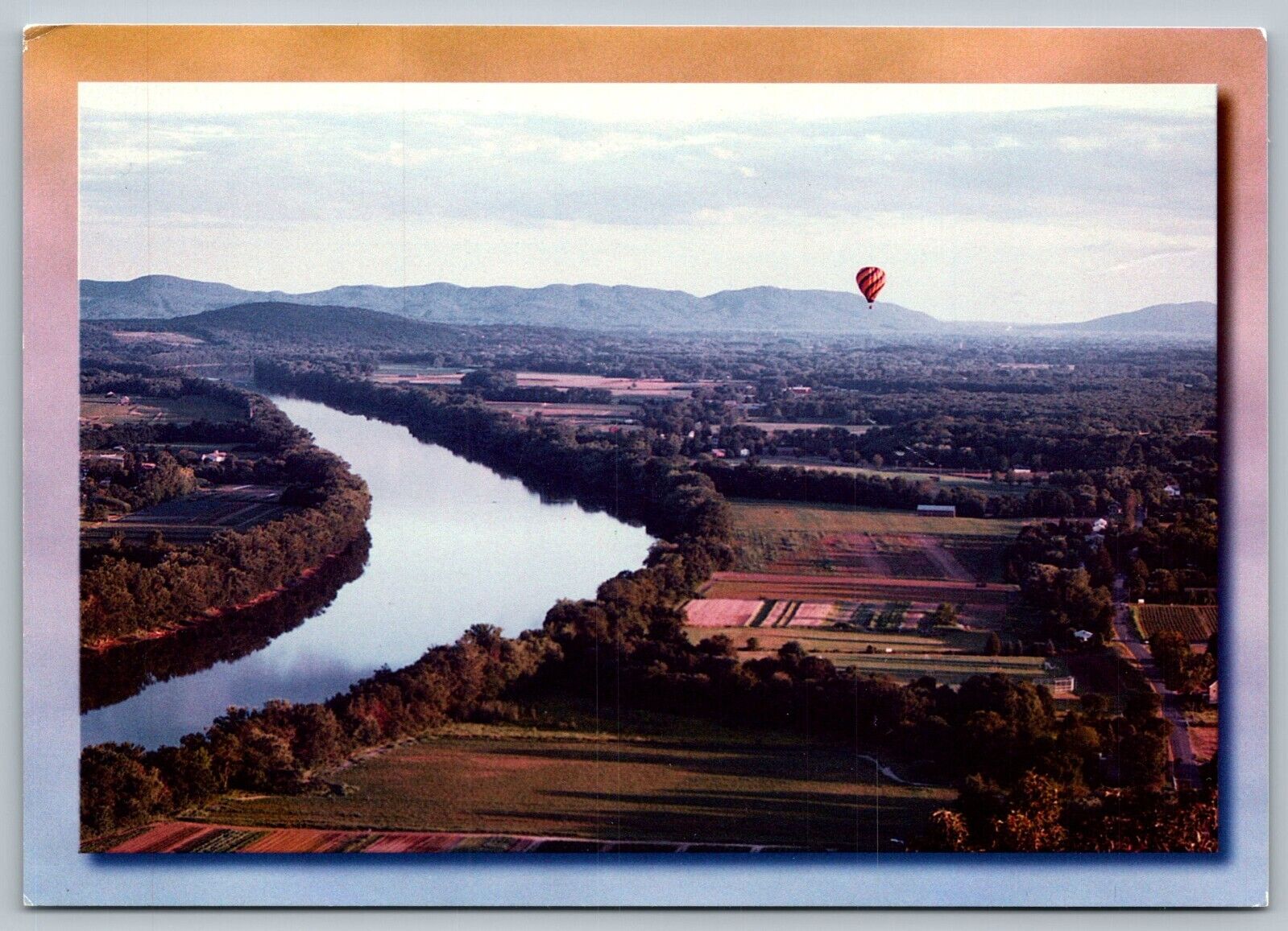 Postcard Mount Sugarloaf Hot Air Balloon Above Connecticut River Farmland  CT
