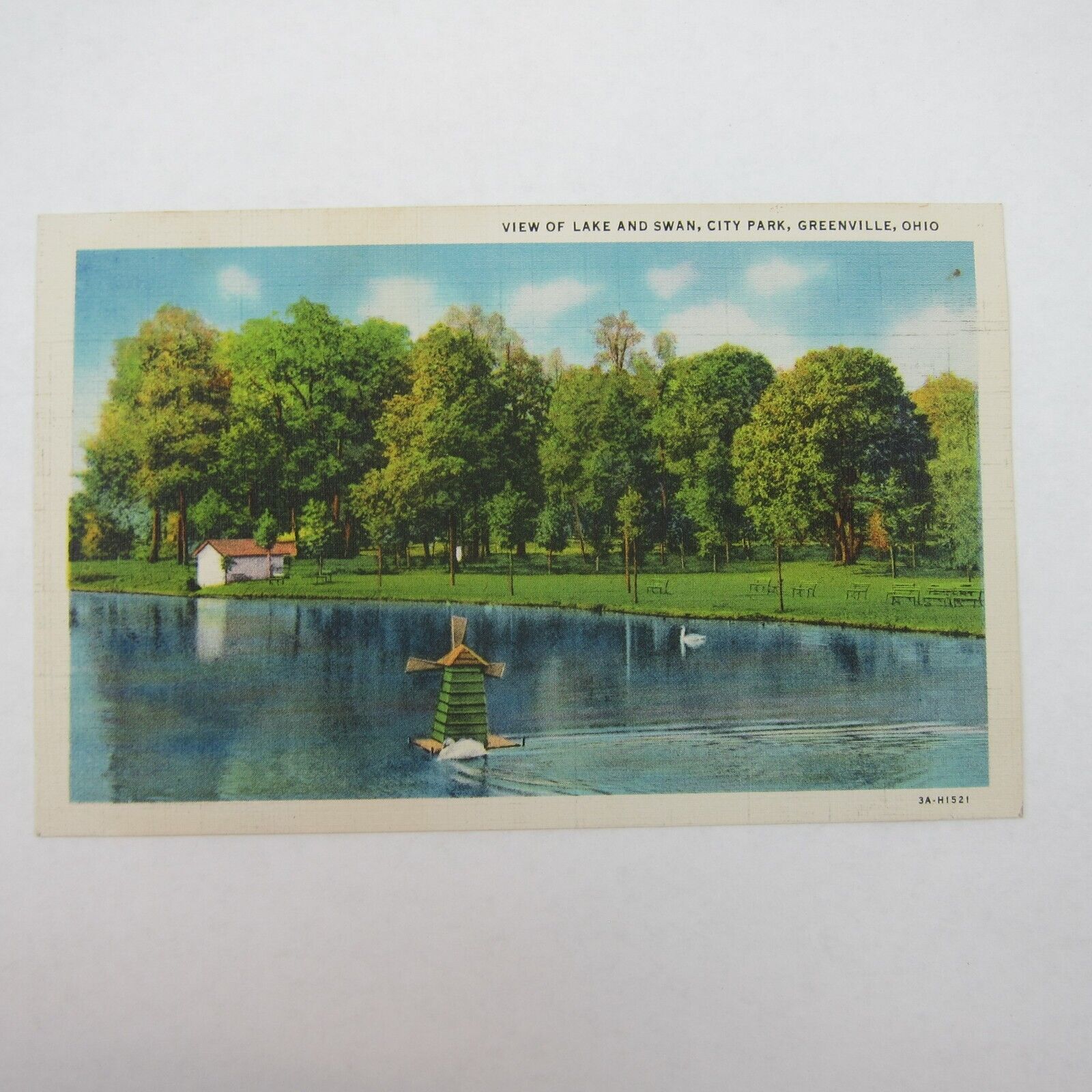 Vintage 1933 Postcard Lake & Swan City Park Greenville Ohio Curt Teich UNPOSTED
