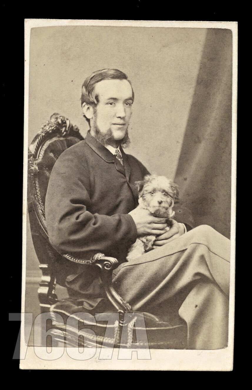 Handsome Man Holding Little Dog in Lap ID\'d as McKay 1860s Scotland CDV Photo