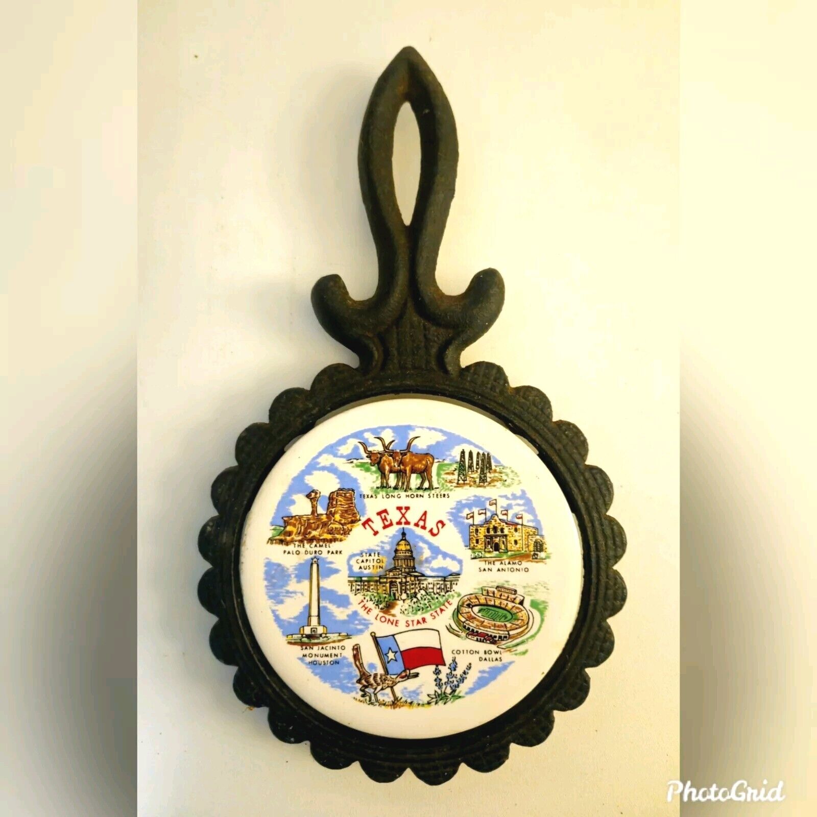 Vintage Texas Cast Iron and Tile Trivet Made In England by Pilkington