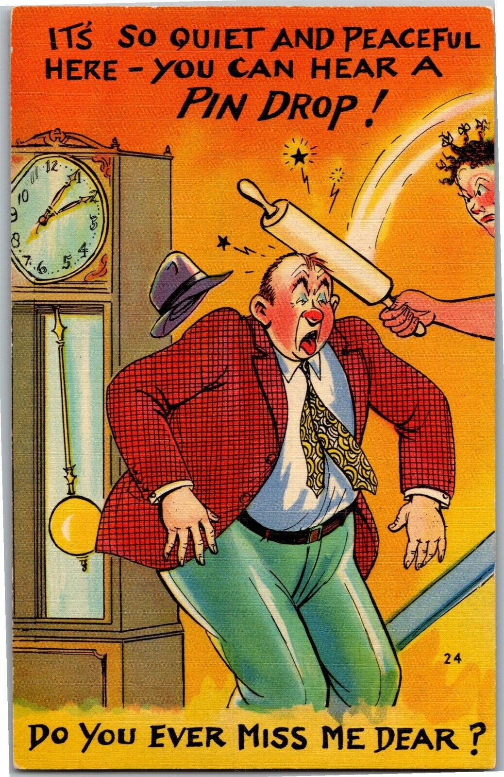Angry Wife Hits Husband with Rolling Pin, Out Too Late Vintage Postcard H33