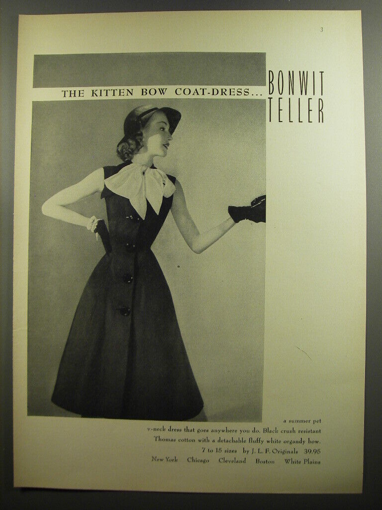 1952 Bonwit Teller J.L.F. Originals Dress Ad - The Kitten Bow Coat-Dress