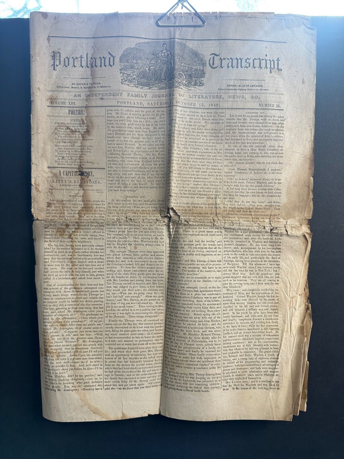 October 13, 1849 PORTLAND TRANSCRIPT Newspaper, Maine