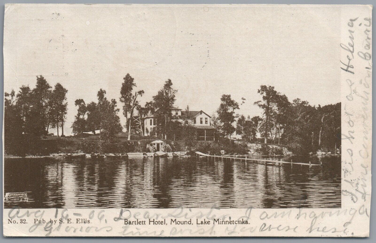 Rare Defunct BARTLETT HOTEL LAKE MINNETONKA MINNESOTA S.E. Ellis pm 1906 UDB