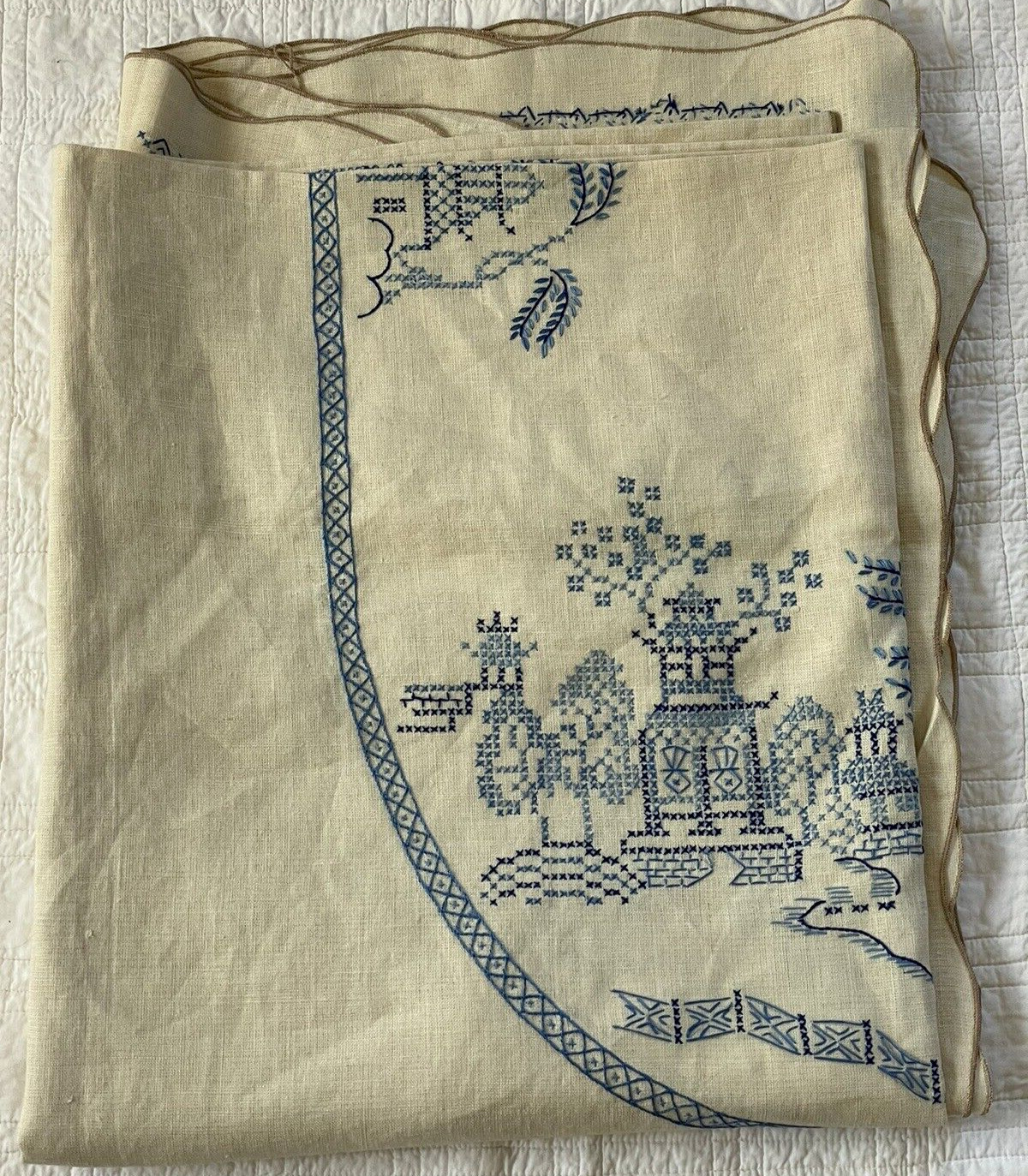 Vtg Blue Willow Chinoiserie Hand Embroidered Tablecloth Approx  86\