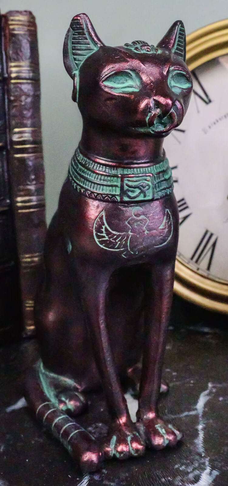 Egyptian Goddess Bastet Cat Sitting Figurine In Rustic Aged Bronze Patina Finish