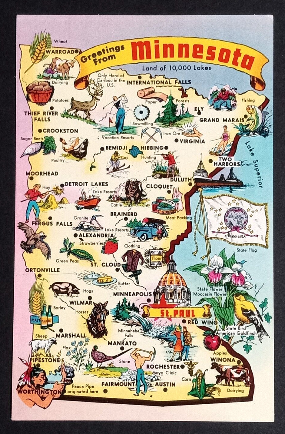 Greetings from Minnesota MN Large Letter State Map Tichnor UNP Postcard c1960s