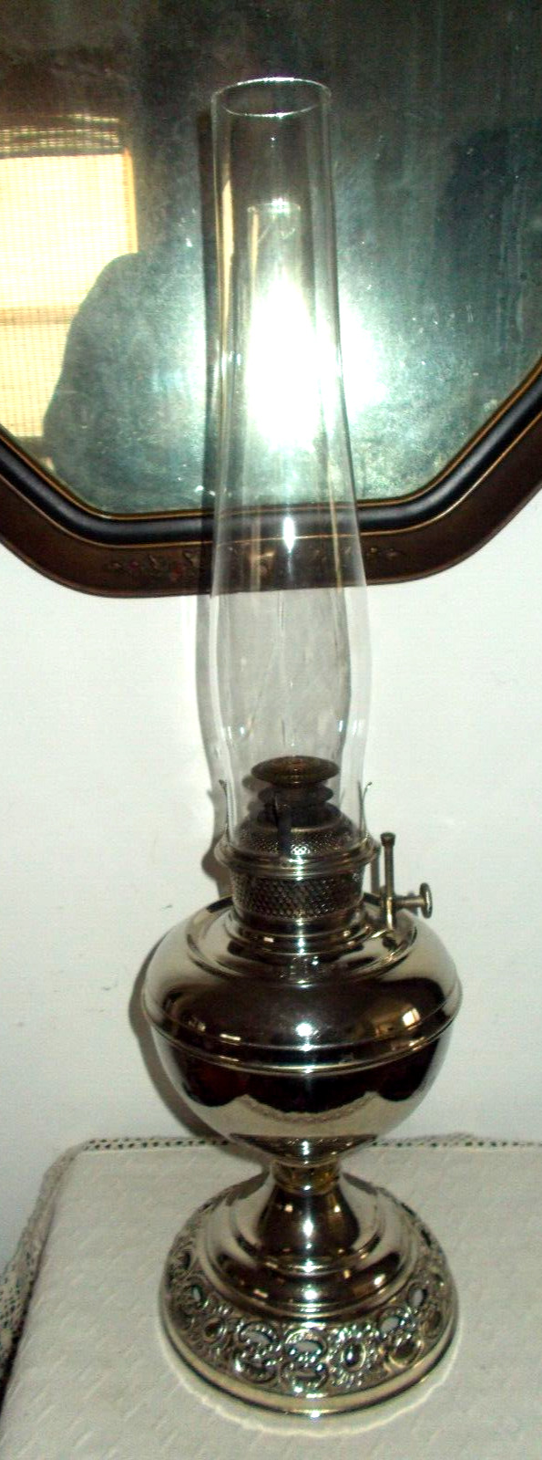 ANTIQUE B&H Bradley & Hubbard  EMBOSSED BASE NICKEL OIL LAMP PAT. JUNE 1.90