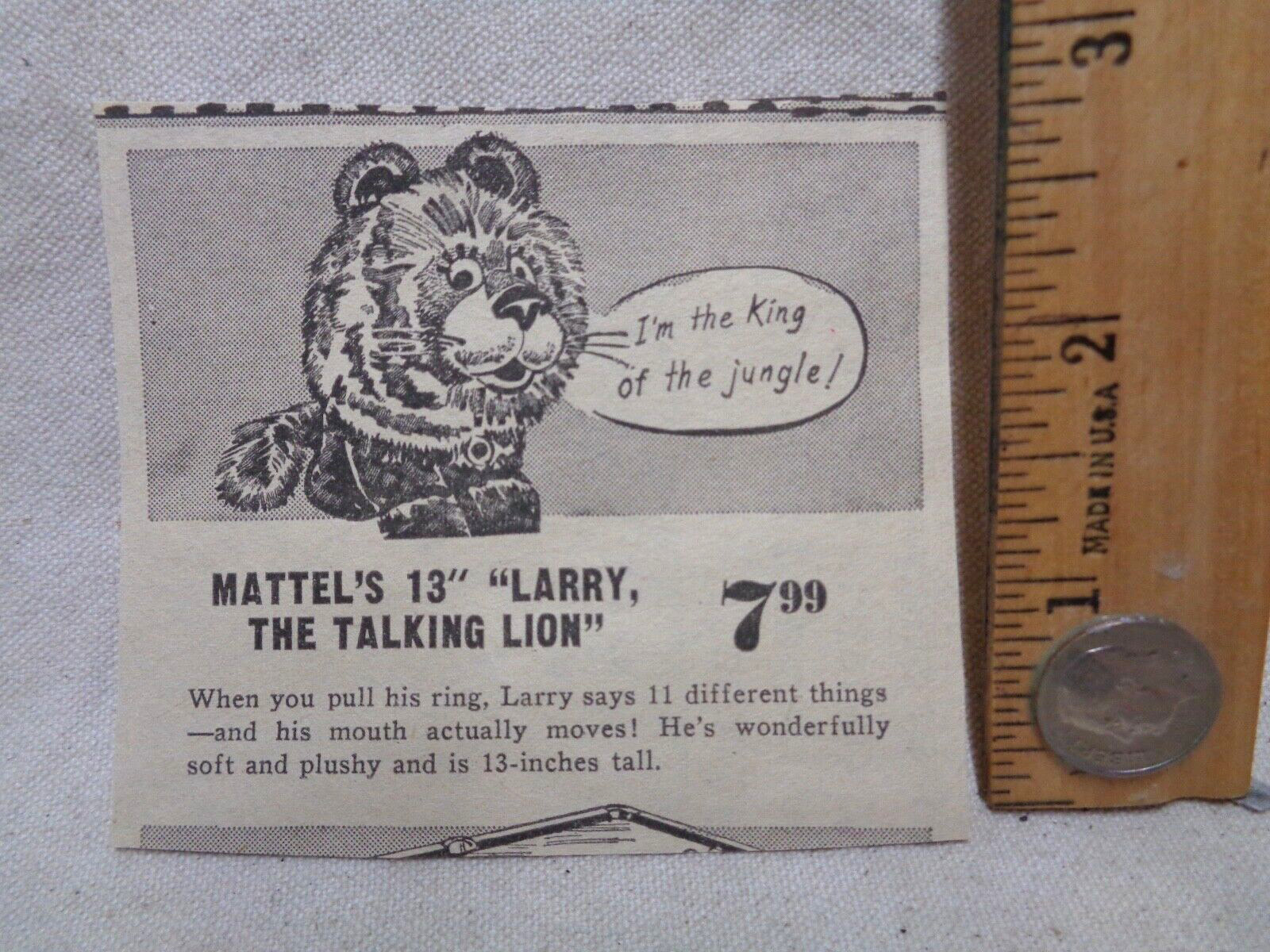 Mattel Larry the Lion 1964 ad from newspaper clip Vintage talker toy