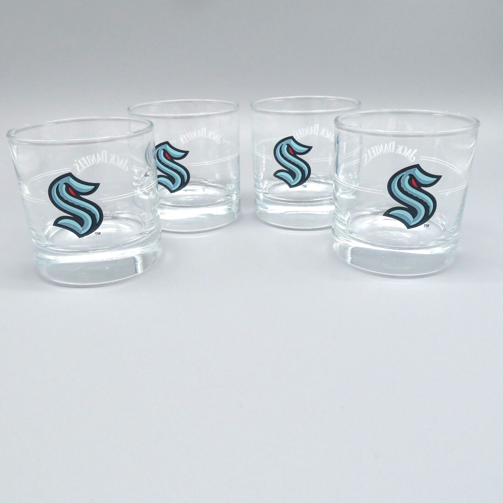 Set of 4 Seattle Kraken Jack Daniels Whiskey Rock lowball Glasses 8oz