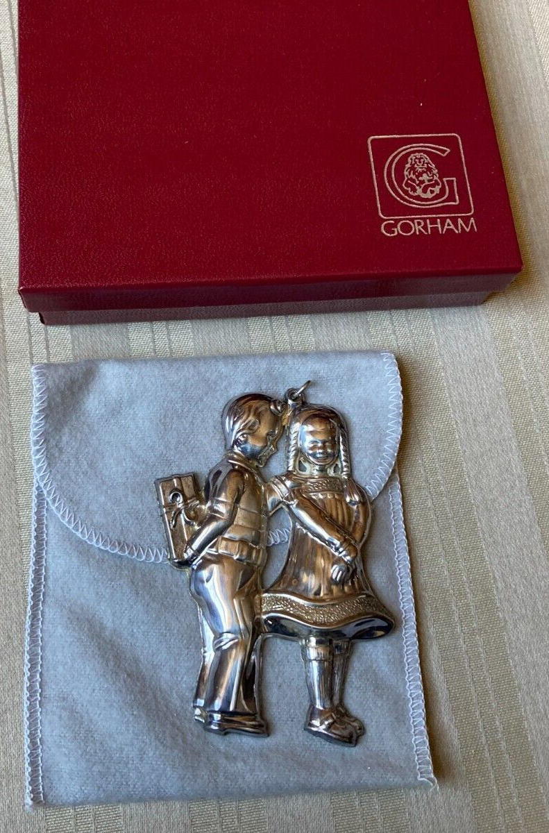 Gorham YC 553 Silver Plate 3.5” Boy and Girl Christmas Ornament  in Box & Pouch
