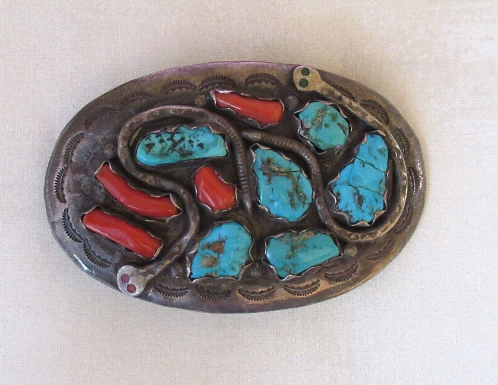 Effie Calavaza Zuni Silver Coral and Turquoise Belt Buckle, 72.3 g
