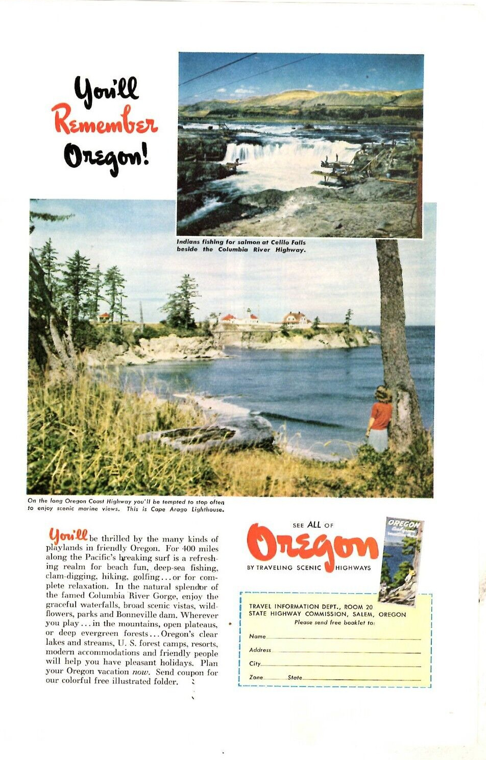 1950 Print Ad Oregon Travel Information Department Celio Falls Columbia River