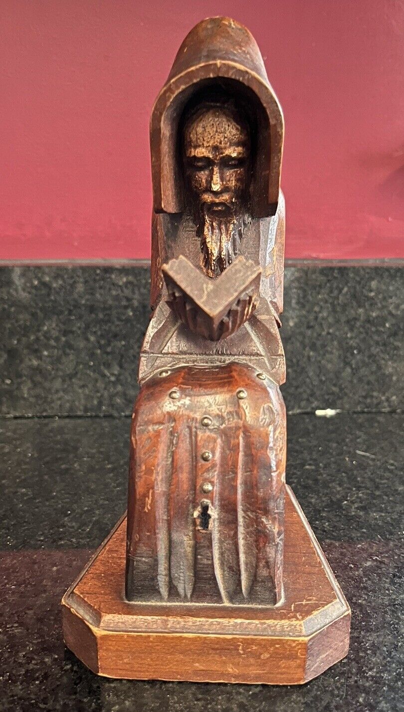 Hand Carved Wood Monk Priest Hood Bookend Statue Bible Cross Mexico Vntg EUC