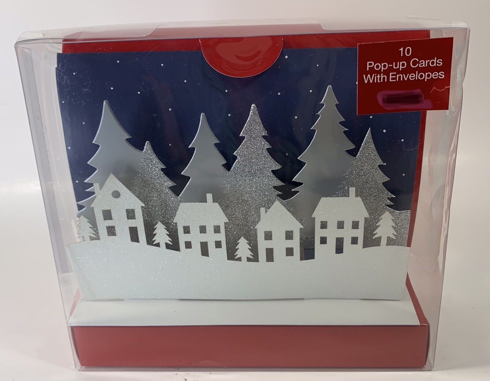 White Shimmer Trees Houses 10 Holiday Pop Up Cards with Envelopes Design Focus
