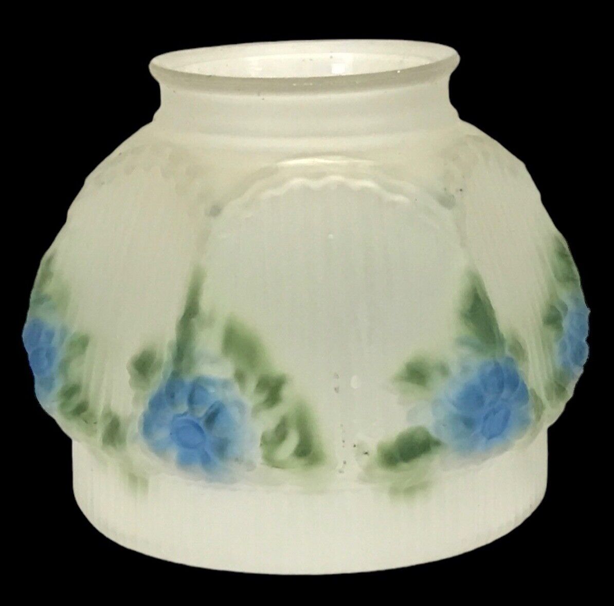 VTG Reverse Hand Painted~Ribbed~Glass~Lamp Shade~Pendant~Torchere~Floral~Blue