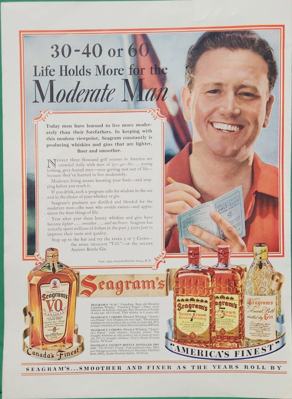 1939 Seagram\'s VO Canadian Seven Crown Distilled Whiskey Moderate Man Print Ad