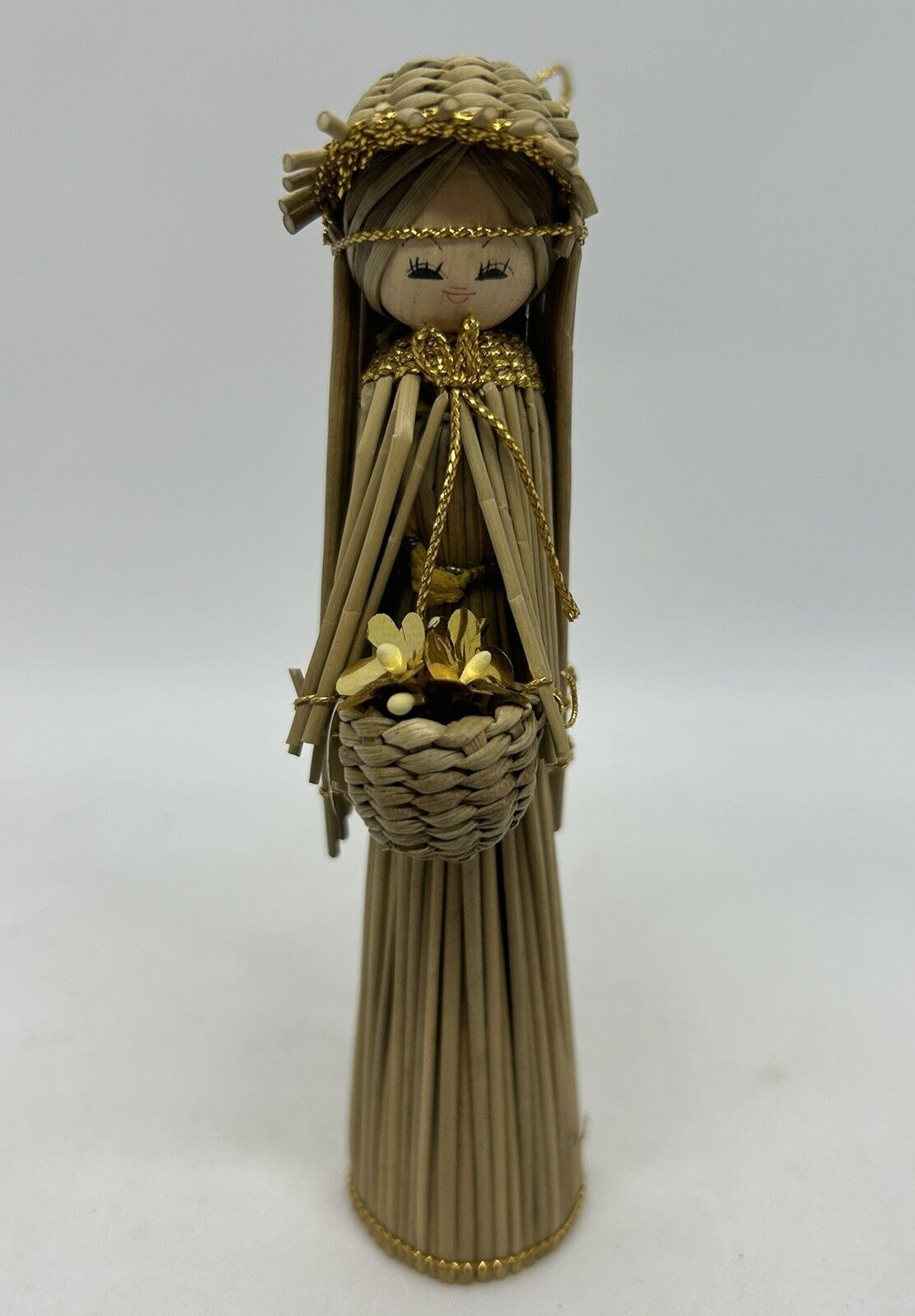 Rattan and Raffia Straw Hanging Christmas Ornament Woman Carrying Basket 5 3/8\