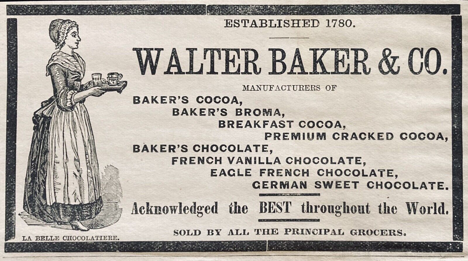 1878 AD.(XH64)~WALTER BAKER CO. BOSTON. BAKER’S COCOA AND CHOCOLATE