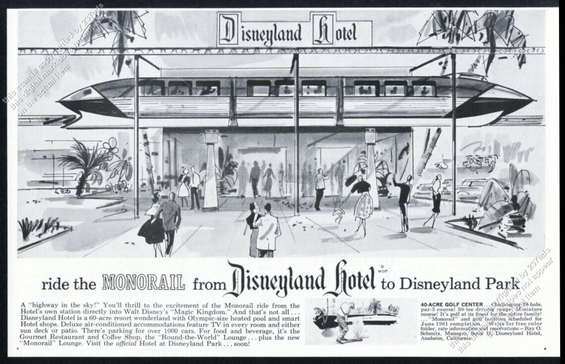 1961 Disney Disneyland Hotel monorail station grand opening art vintage print ad