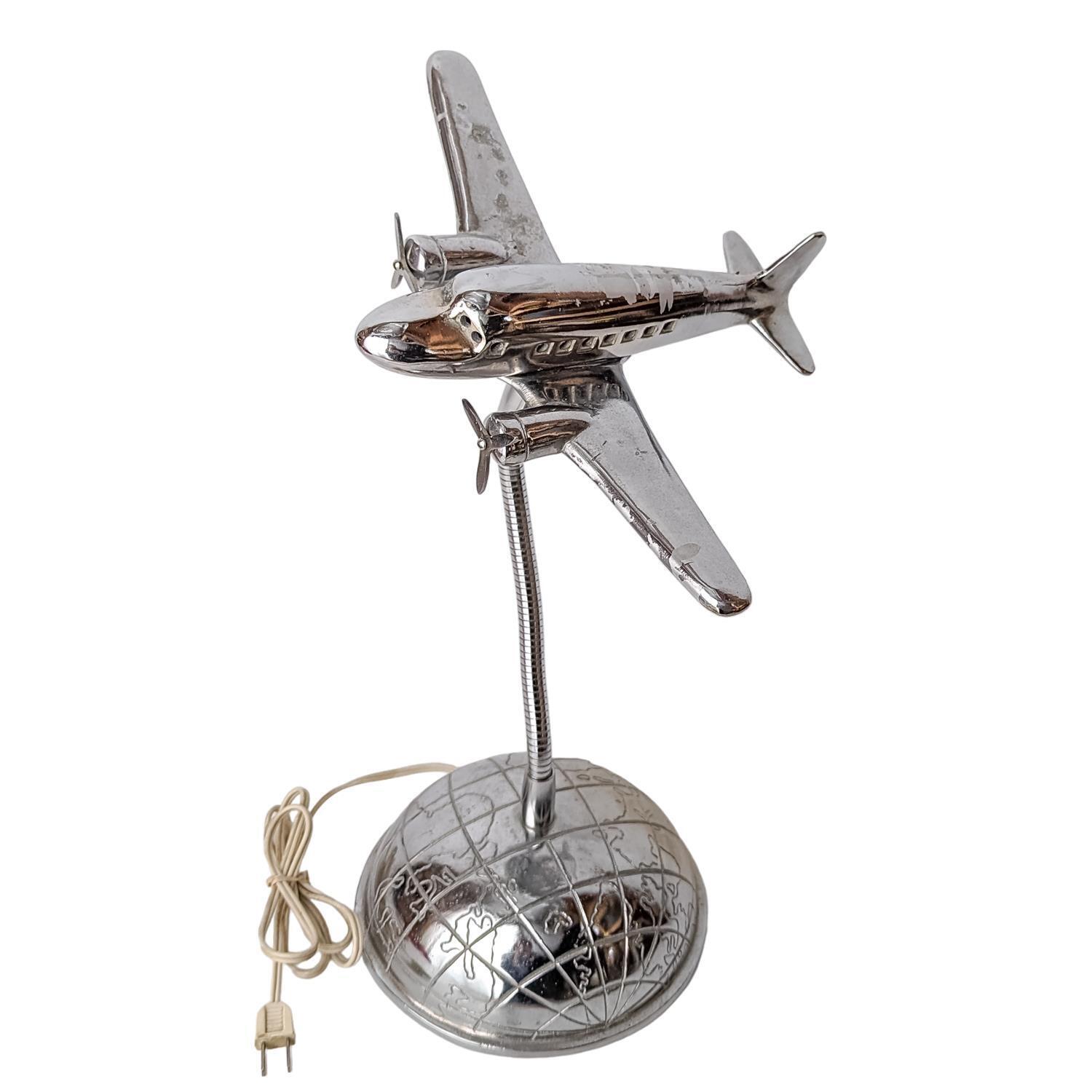 Vtg Chrome DC2 Airplane Gooseneck Lamp Art Deco Flexible Sarsaparilla Globe Base