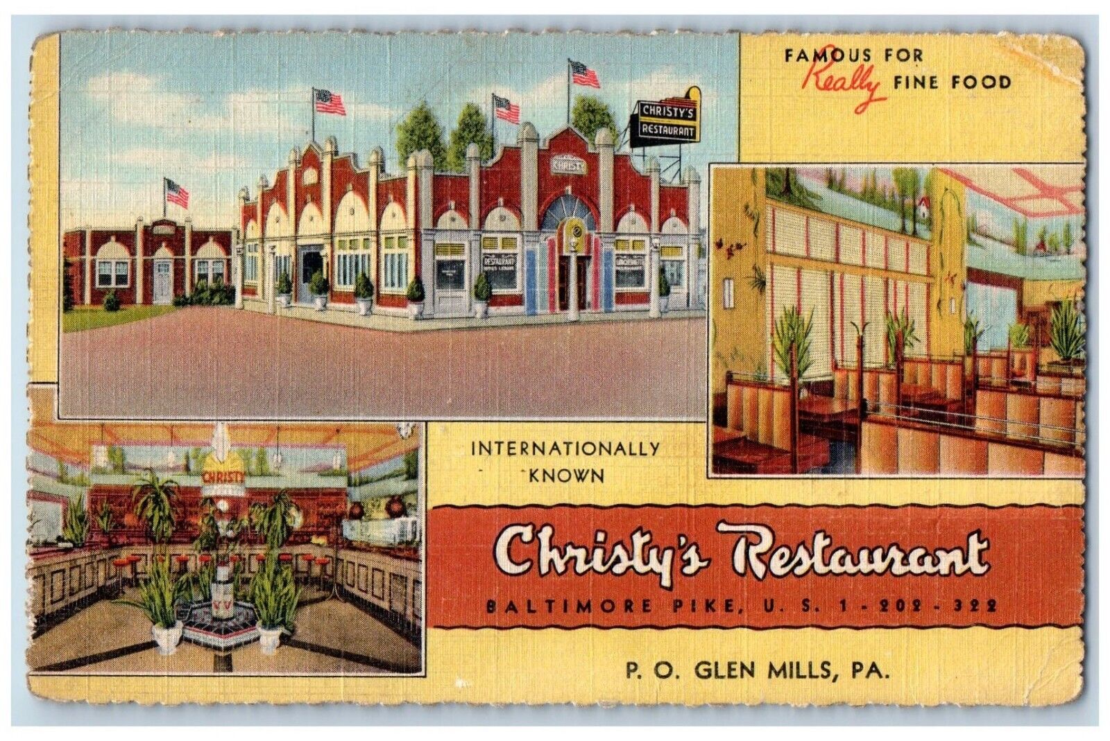 Glen Mills Pennsylvania Postcard Christy\'s Restaurant International 1940 Vintage