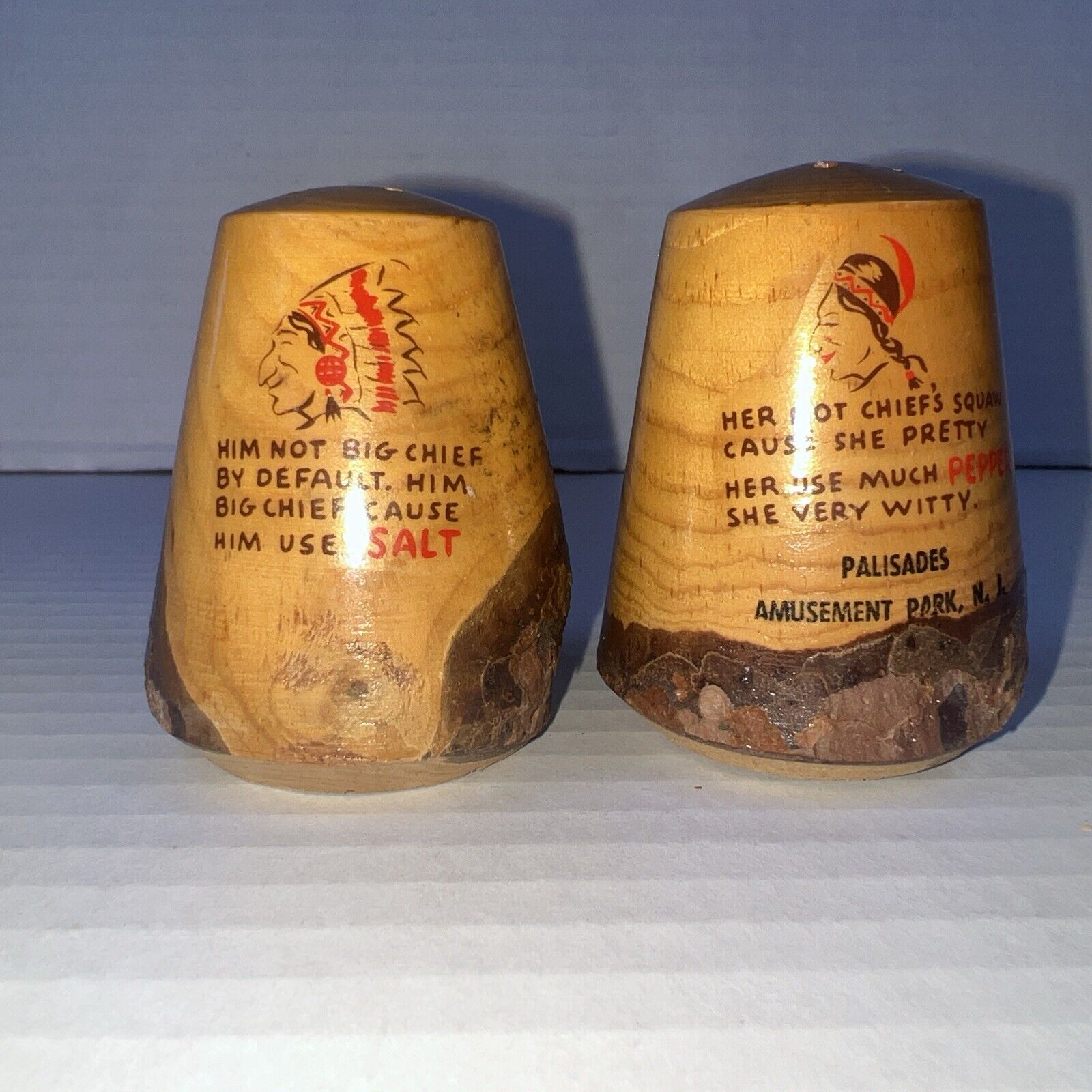 Vintage PALISADES AMUSEMENT PARK NJ Hand Carved Salt And Pepper Shakers Native