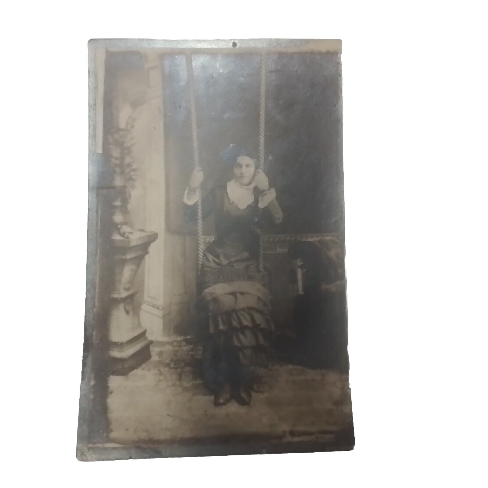 Vintage Sepia Photograph Lady In Swing Ephemera 
