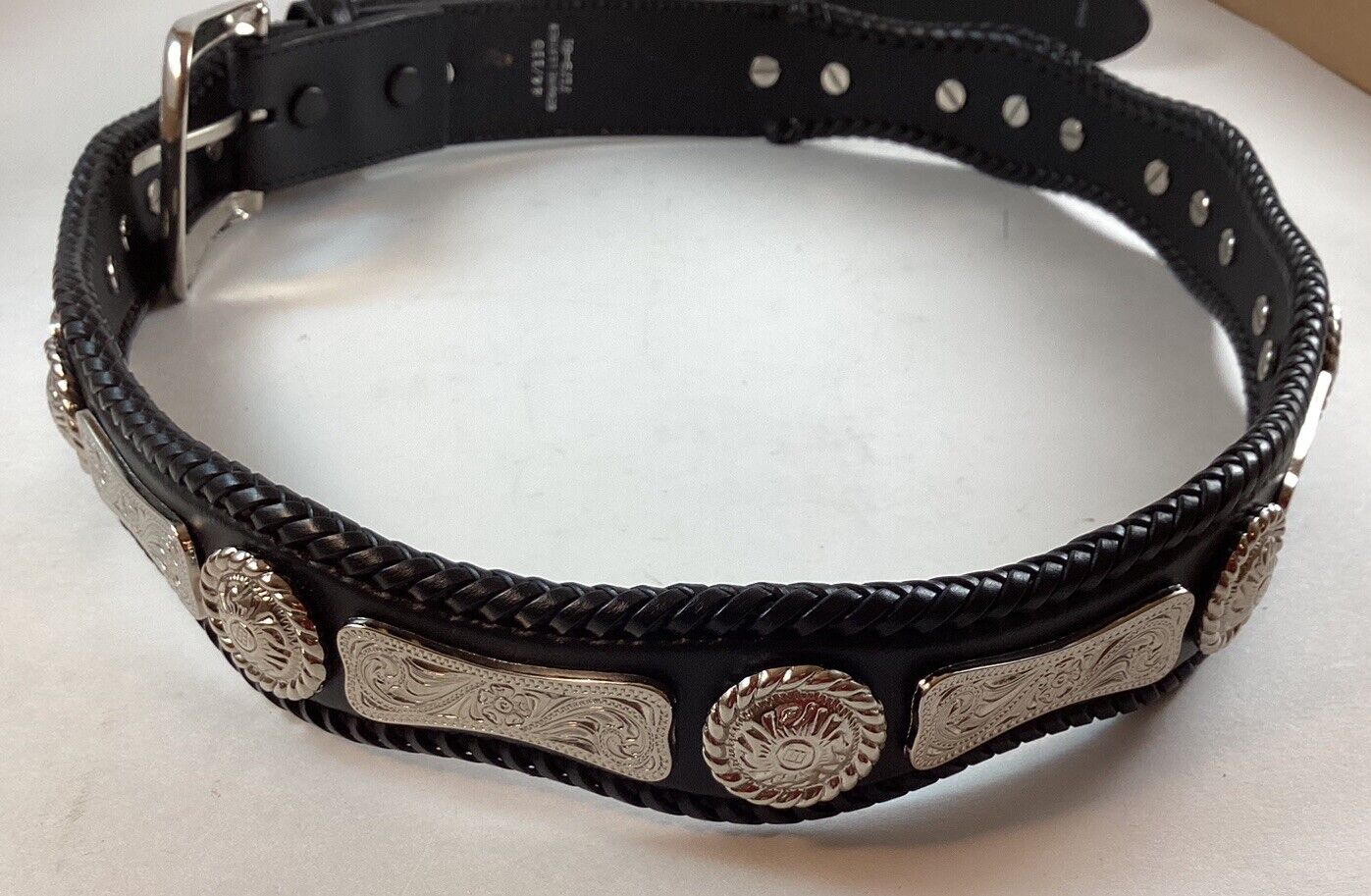 Rare Western Larry Mahan Black Leather 21 Silver Concho Belt Size 44