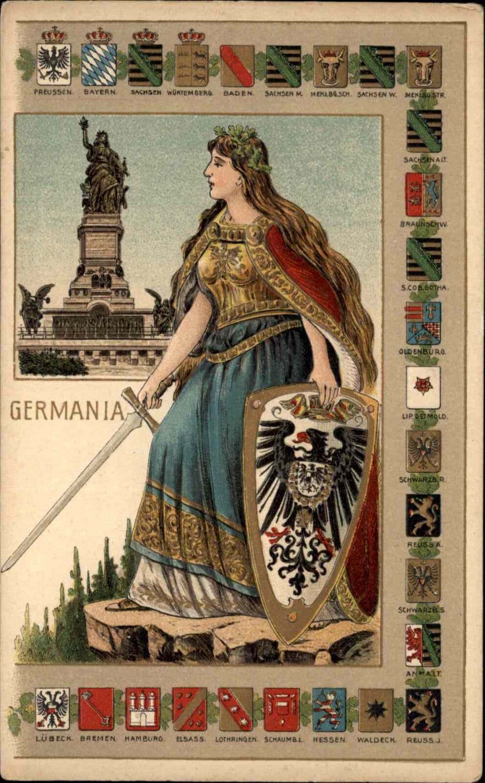 Germania Germany Woman with Shield and Armor Heraldic Emblems c1910 PC