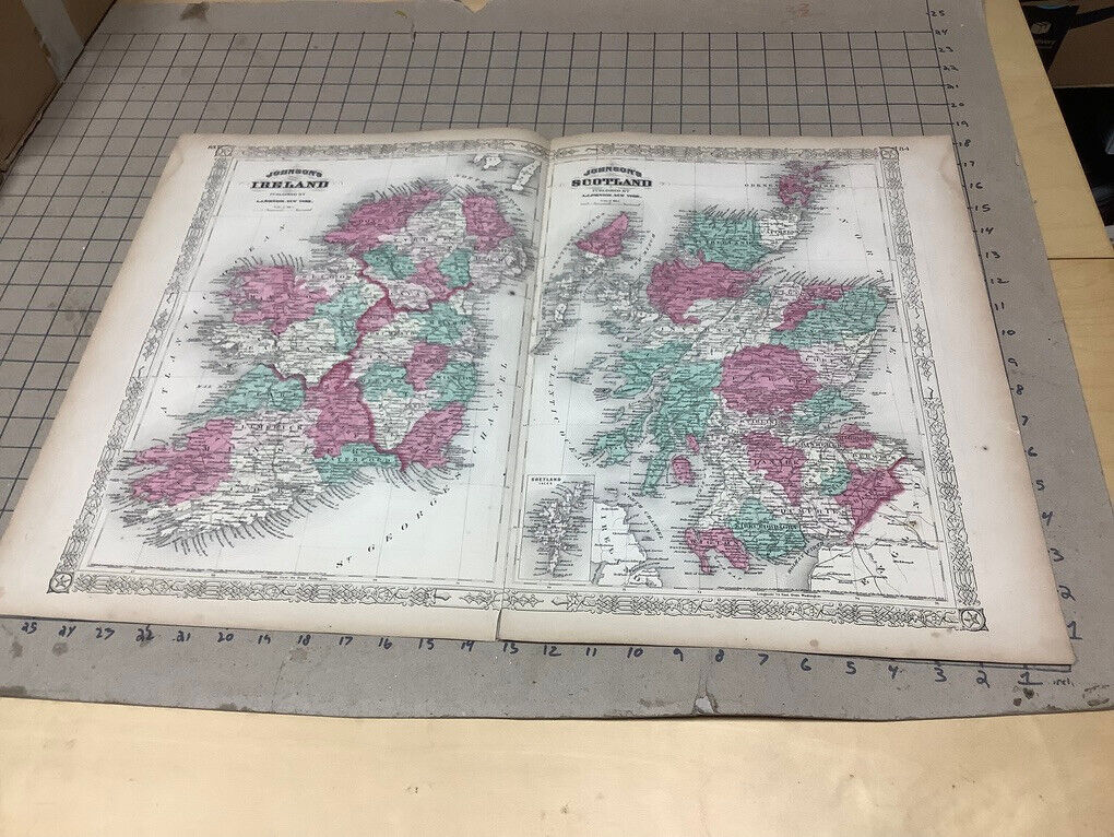 Original 1860\'s IRELAND :-) Antique Vintage JOHNSON\'s MAP: 26.5 X 18\