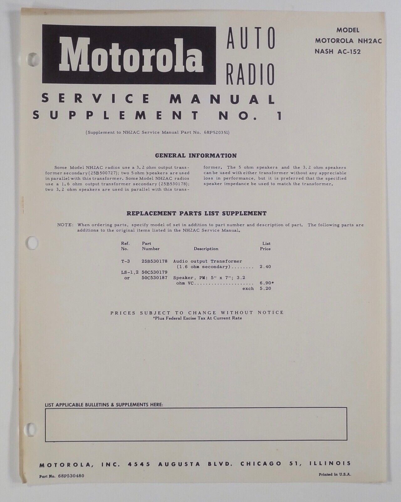 1950s MOTOROLA AUTO RADIO SERVICE MANUAL # NH2AC/Nash AC-152 supplement 1 {A}