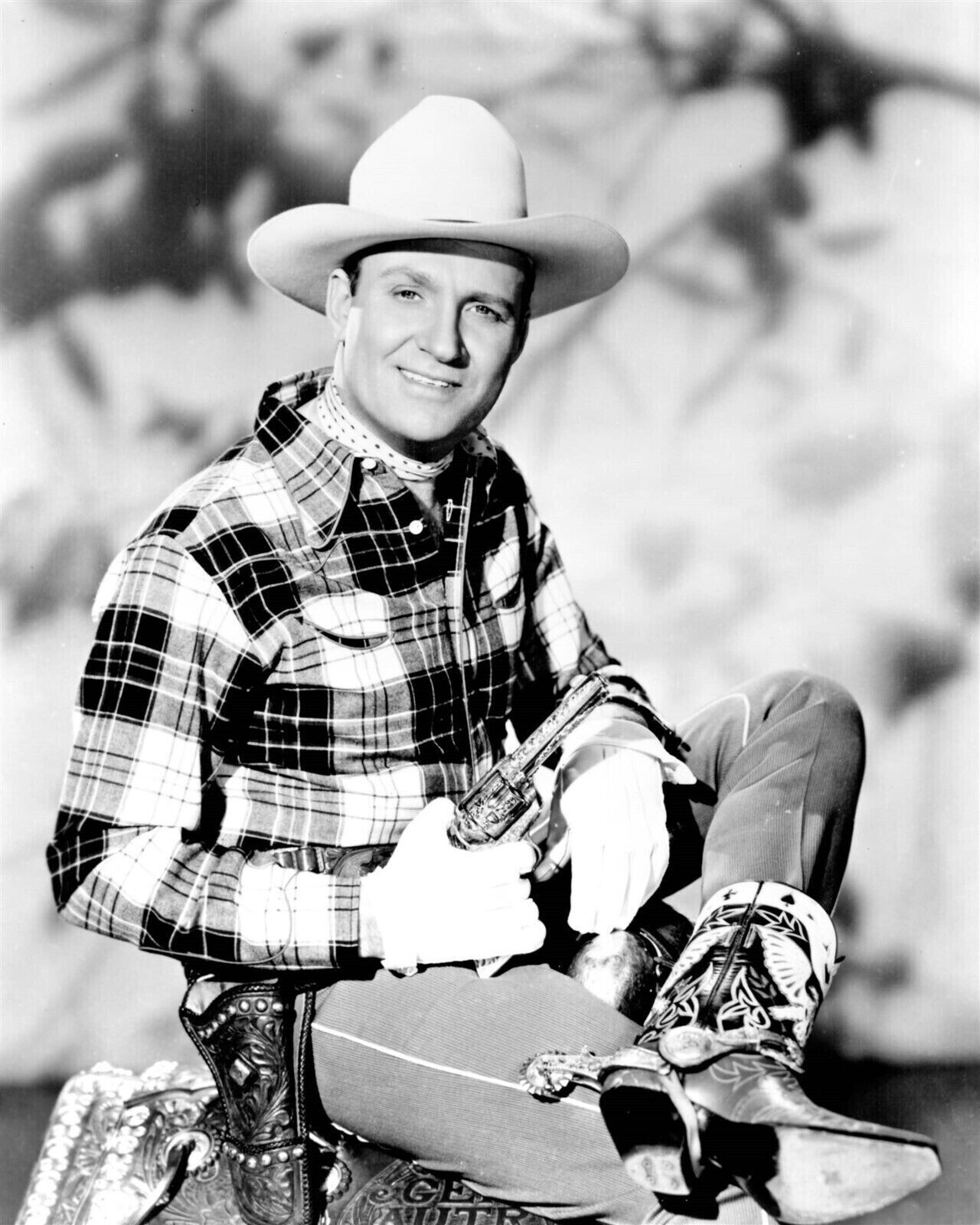 Gene Autry sits on his saddle with gun drawn 8x10 real photo