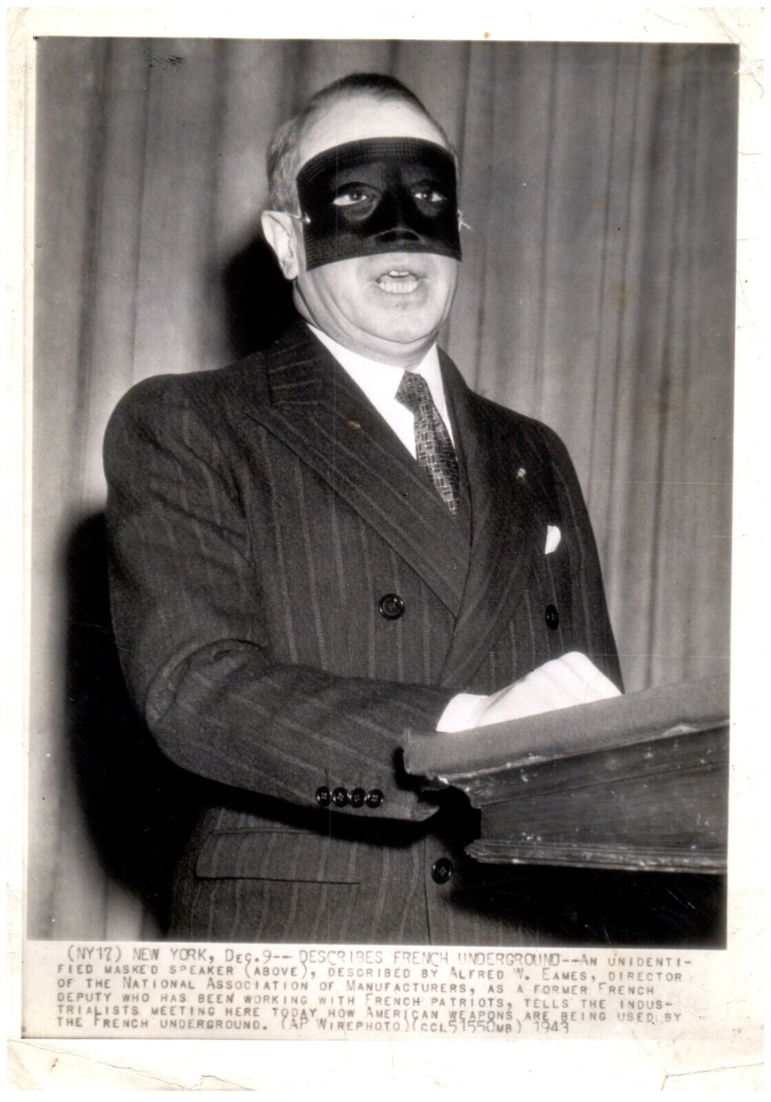 WWII Masked Man Speaks French Underground US Guns Press AP Photograph 8x11\