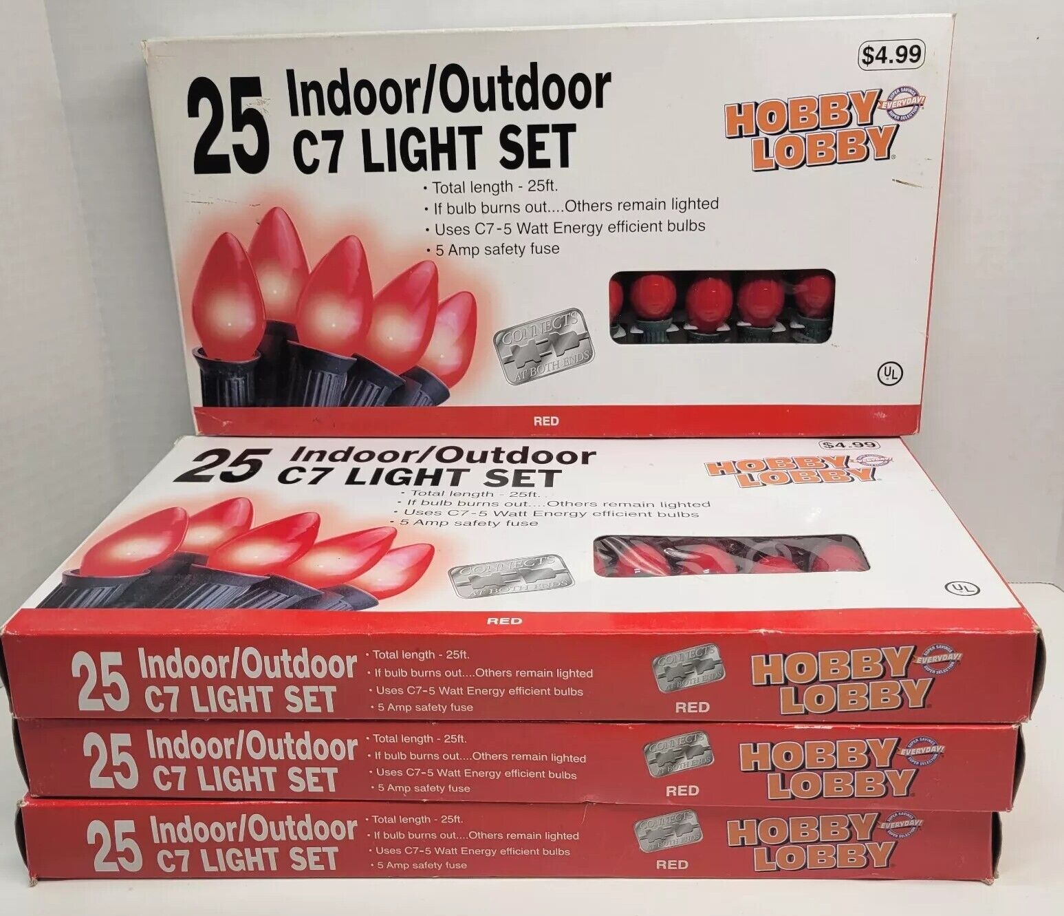 4 Hobby Lobby Christmas 25 Light Sets Indoor Outdoor C7 Red 25\' Vintage 2000 NEW