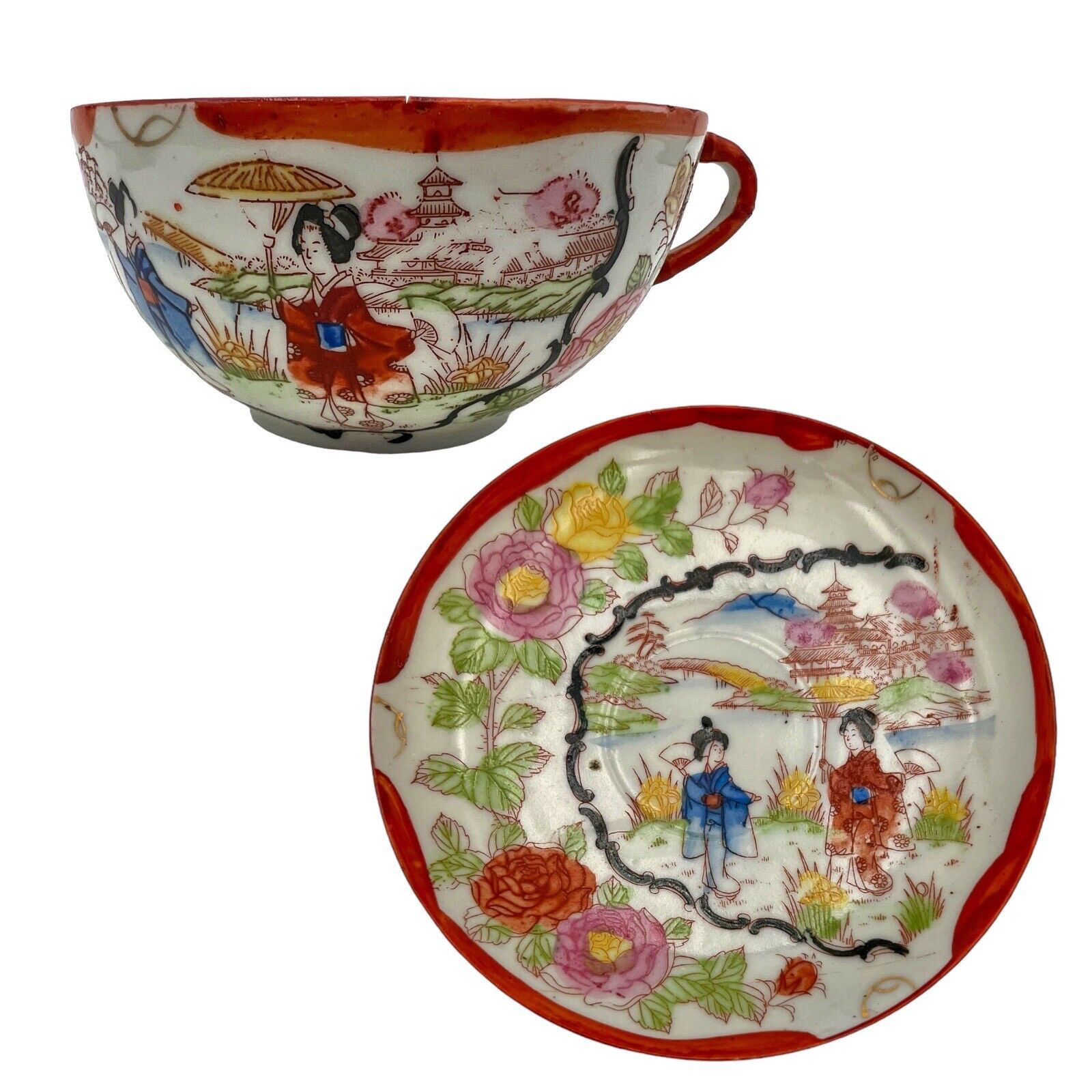 Antique 1910s Japanese Geisha Girl China Tea Cup & Saucer Garden Walk Teahouse