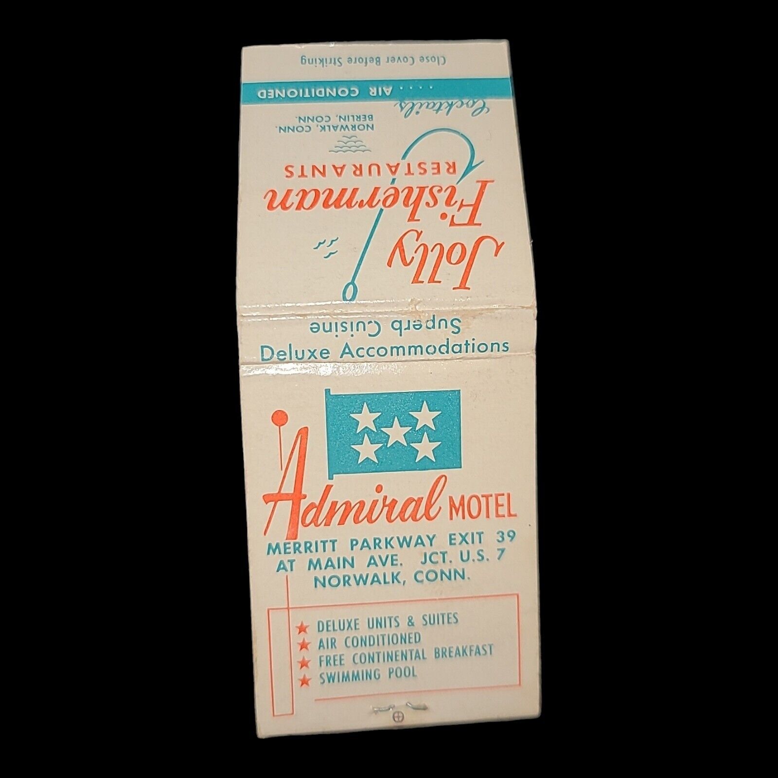 Vintage Matchbook Cover Admiral Motel Jolly Fisherman Restaurant Norwalk Conn.
