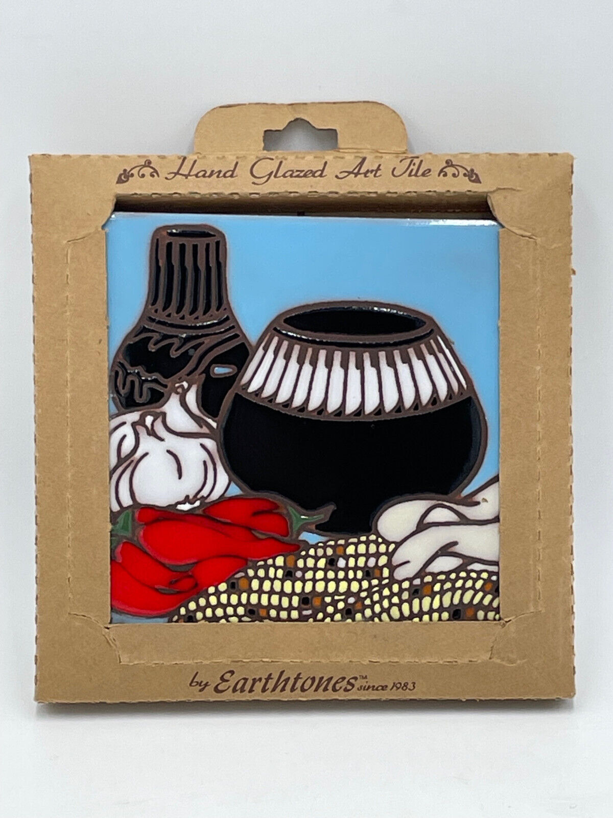 Vintage Earthtones Southwest Ceramic Art Tile Trivet Baskets Pots Chilies Corn