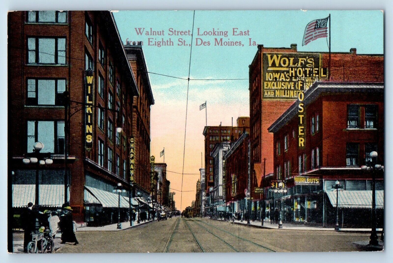 Des Moines Iowa IA Postcard Walnut Street Looking East Eighth St. c1910 Vintage