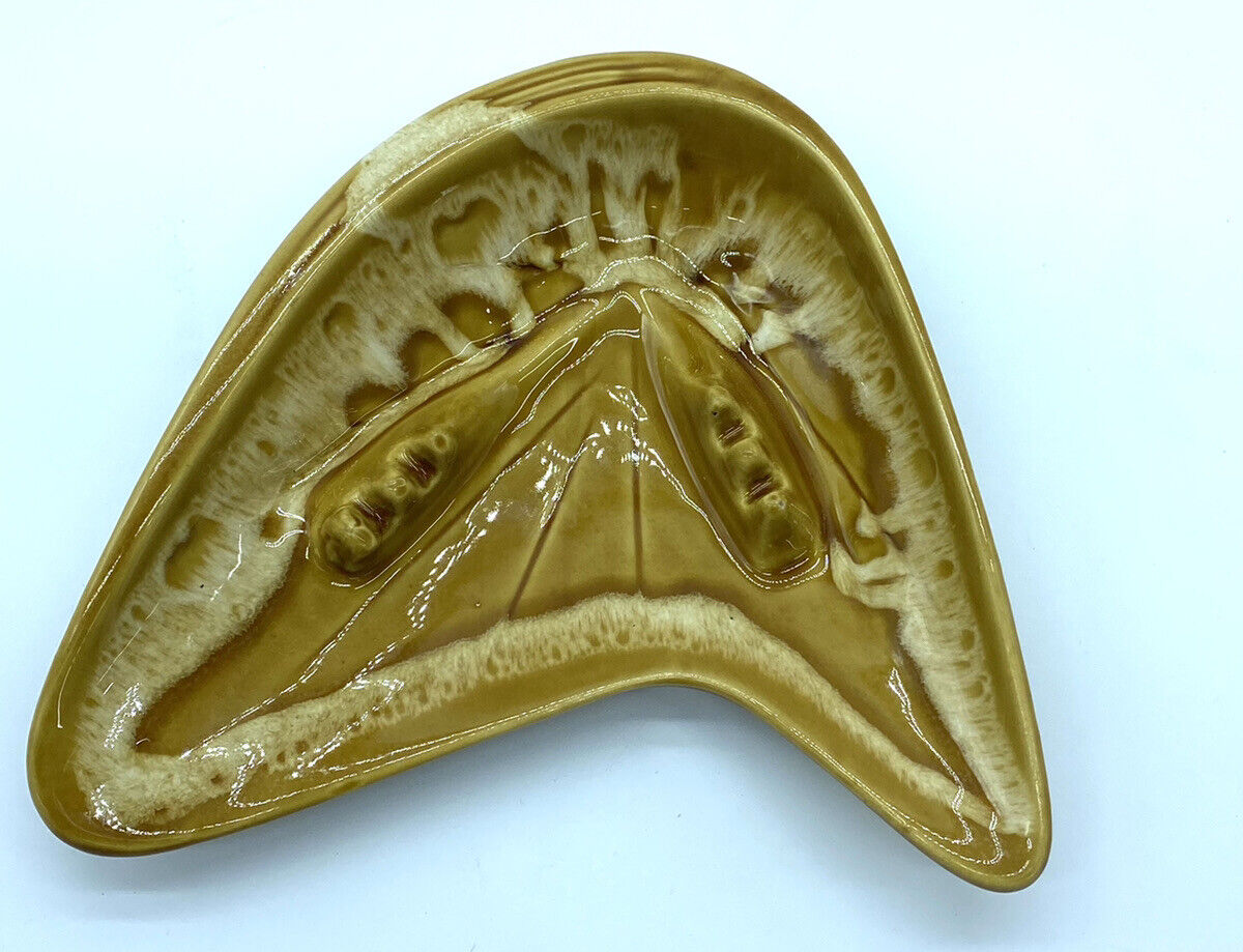 Vintage MCM Atomic Boomerang Shaped Ceramic Ashtray, Large 10”x 9 1/2” Goldbrown