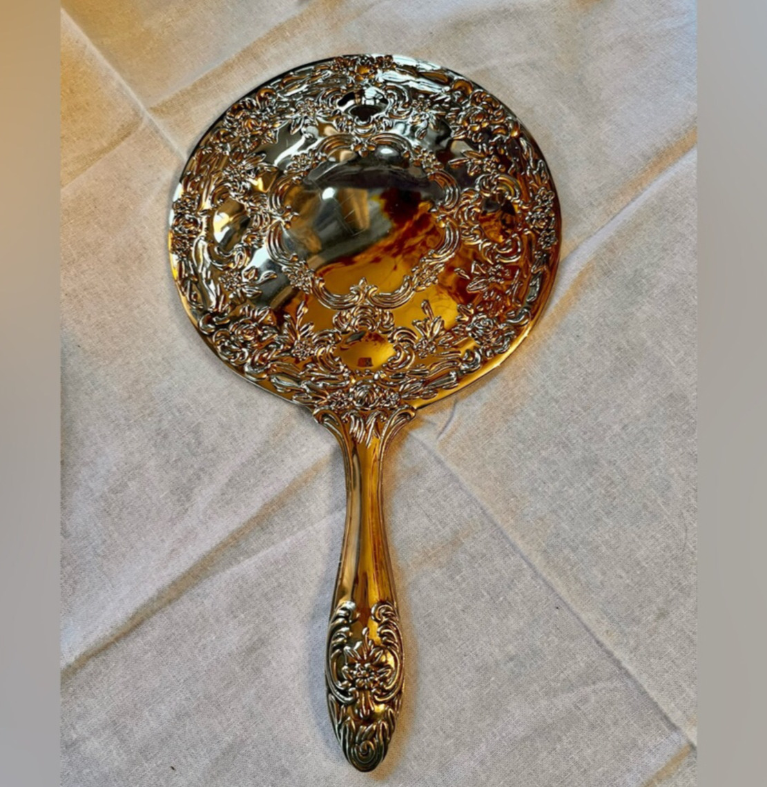 Antique vintage  Hand Mirror Floral Silver Plated Vanity mirror 9”