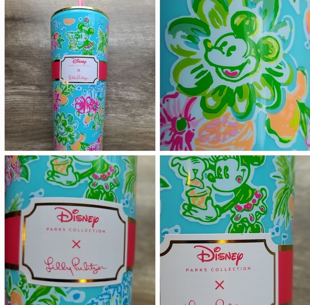 NWT Disney Parks x Lilly Pulitzer Mickey & Minnie Mouse Tumbler Cup With Straw