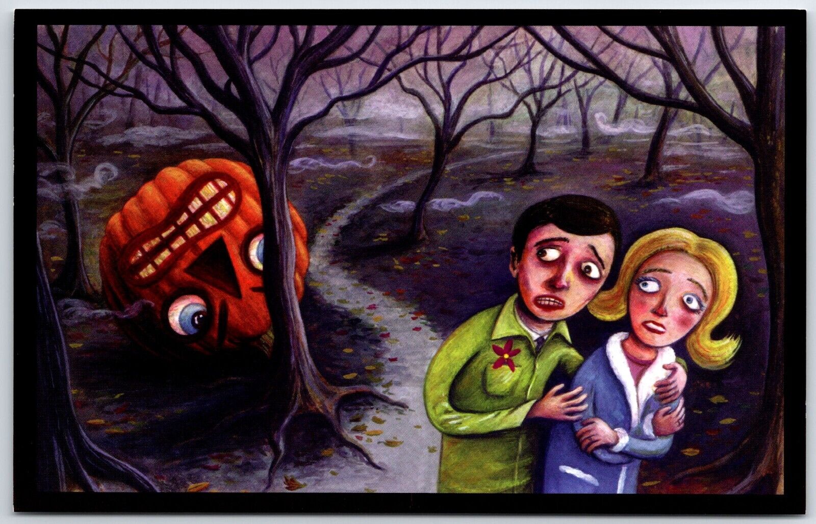Halloween Postcard Bonfiglio 2020 Postcard Ghost Scared Couple Shiver Bones