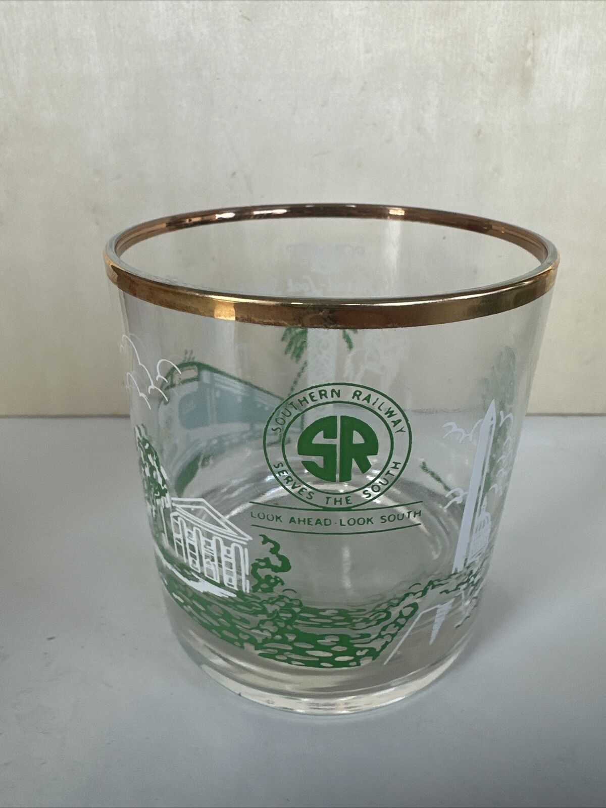 vintage southern railway Gold Rimmed Look Ahead And Look South Whiskey Glass
