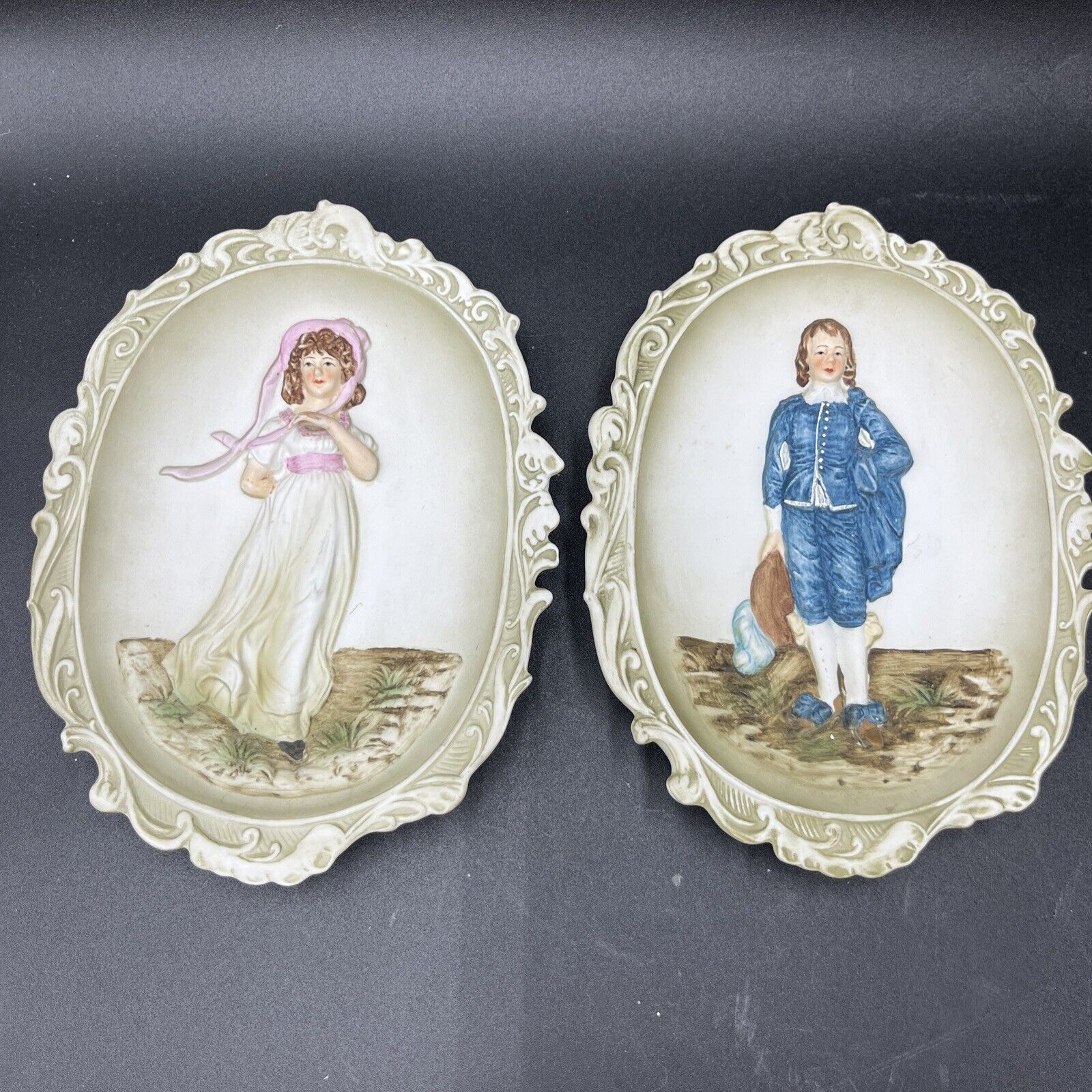 Lefton china pinkie lady and blue boy raised relief wall art