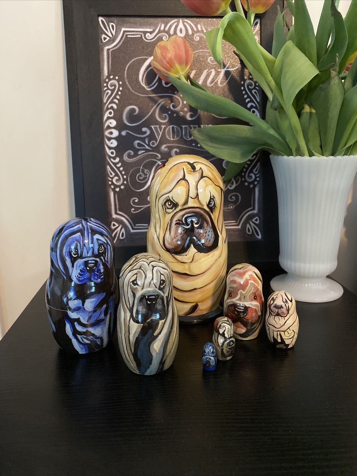 Mastiff DOG Russian Hand Painted Nesting DOLL 7 piece stacking Set  8” tall