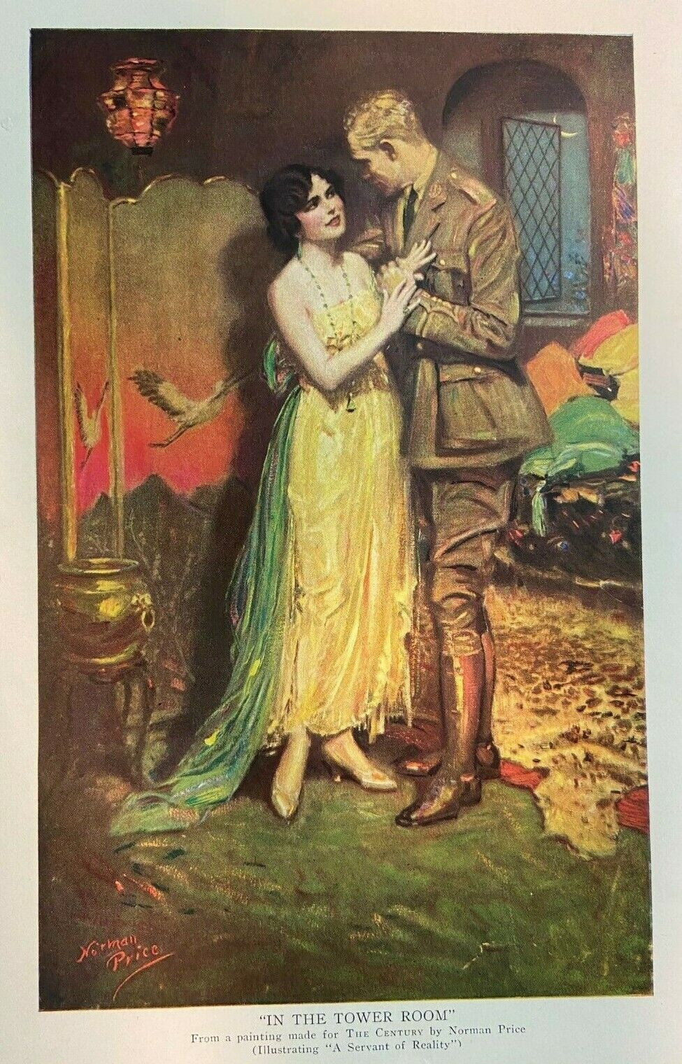 1912 Vintage Magazine Illustration World War I Elegant Woman and Soldier