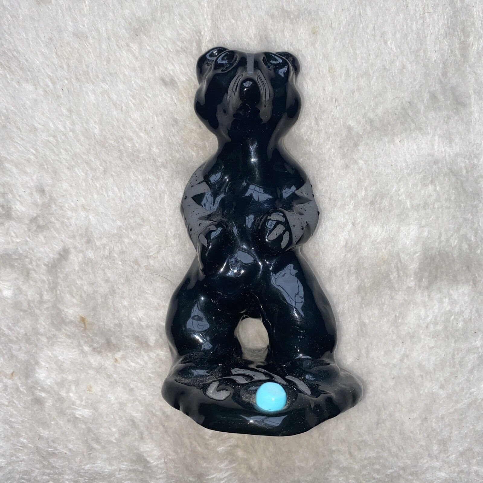 **RARE** Maria Martinez Signed Pueblo Black Pottery Bear  w/Turquoise